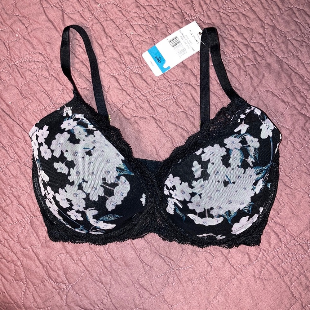 Natori Feathers Black Floral 34DDD NWT